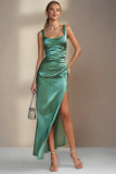 Emerald Green Sheath Square Neck Satin Midi Wedding Guest Dress with Slit