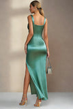 Emerald Green Sheath Square Neck Satin Midi Wedding Guest Dress with Slit