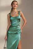 Emerald Green Sheath Square Neck Satin Midi Wedding Guest Dress with Slit