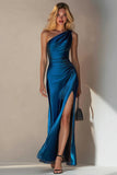 Simple Royal Blue One Shoulder Long Wedding Guest Dress with Slit