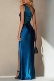 Simple Royal Blue One Shoulder Long Wedding Guest Dress with Slit