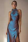 Electric Blue Halter Mermaid Long Wedding Guest Dress with Slit