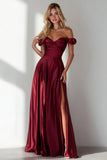 Burgundy A Line Off the Shoulder Long Formal Dress with Slit