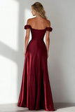 Burgundy A Line Off the Shoulder Long Formal Dress with Slit