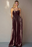 A Line Coffee Sweetheart Pleated Long Wedding Guest Dress