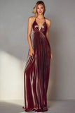 Metallic Coffee A Line Halter Pleated Long Wedding Guest Dress