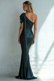 One Shoulder Dark Green Mermaid Ruched Formal Dress with Streamer