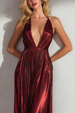 Burgundy A Line Deep V Neck Halter Pleated Wedding Guest Dress