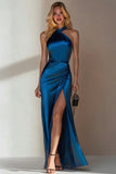 Ink Blue Mermaid Satin Halter Long Wedding Guest Dress with Slit