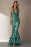 Emerald Green Mermaid Satin Ruffle Long Wedding Guest Dress