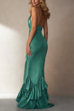 Emerald Green Mermaid Satin Ruffle Long Wedding Guest Dress