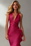 Fuchsia V Neck Mermaid Ruffle Satin Formal Dress