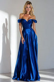 Off the Shoulder Royal Blue A Line Ruched Formal Dress