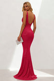 Glitter Fuchsia Mermaid V Neck Ruched Long Formal Dress