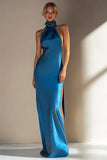 Ink Blue Halter Mermaid Satin Wedding Guest Dress with Slit