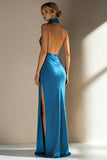 Ink Blue Halter Mermaid Satin Wedding Guest Dress with Slit
