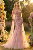 Sweetheart Blush Corset Tulle Mermaid Long Prom Dress With Appliques