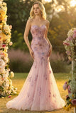 Sweetheart Blush Corset Tulle Mermaid Long Prom Dress With Appliques