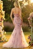 Sweetheart Blush Corset Tulle Mermaid Long Prom Dress With Appliques