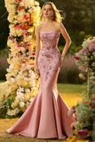 Corset Blush Mermaid Strapless Long Prom Dress With Appliques