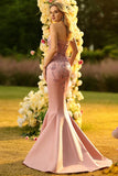 Corset Blush Mermaid Strapless Long Prom Dress With Appliques
