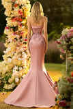 Corset Blush Mermaid Strapless Long Prom Dress With Appliques