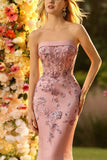 Corset Blush Mermaid Strapless Long Prom Dress With Appliques