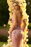 Corset Blush Mermaid Strapless Long Prom Dress With Appliques