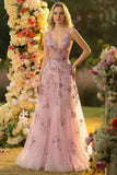 V-Neck Blush A Line Long Prom Dress With Appliques