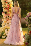 V-Neck Blush A Line Long Prom Dress With Appliques