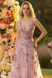 V-Neck Blush A Line Long Prom Dress With Appliques