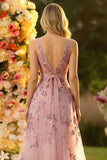 V-Neck Blush A Line Long Prom Dress With Appliques