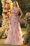 Blush A Line One Shoulder Tulle Long Prom Dress With Appliques