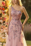 Blush A Line One Shoulder Tulle Long Prom Dress With Appliques
