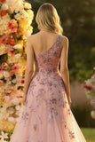 Blush A Line One Shoulder Tulle Long Prom Dress With Appliques