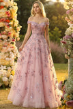 A Line Blush Corset Off the Shoulder Long Prom Dress With Appliques