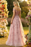 A Line Blush Corset Off the Shoulder Long Prom Dress With Appliques