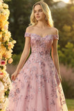 A Line Blush Corset Off the Shoulder Long Prom Dress With Appliques