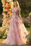 Square Neck Blush Corset A Line Long Prom Dress With Appliques