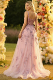 Square Neck Blush Corset A Line Long Prom Dress With Appliques