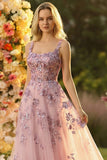 Square Neck Blush Corset A Line Long Prom Dress With Appliques