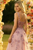 Square Neck Blush Corset A Line Long Prom Dress With Appliques
