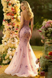 Corset Blush Mermaid Halter Tulle Long Prom Dress With Appliques