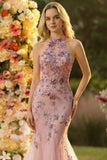 Corset Blush Mermaid Halter Tulle Long Prom Dress With Appliques
