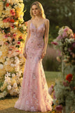 Mermaid Blush Spaghetti Straps Tulle Long Prom Dress With Appliques
