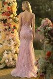 Mermaid Blush Spaghetti Straps Tulle Long Prom Dress With Appliques