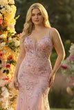 Mermaid Blush V-Neck Plus Size Prom Dress With Appliques