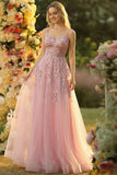 Blush A Line Spaghetti Straps Tulle Long Prom Dress With Appliques