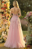 Blush A Line Spaghetti Straps Tulle Long Prom Dress With Appliques