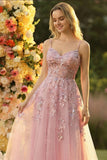 Blush A Line Spaghetti Straps Tulle Long Prom Dress With Appliques